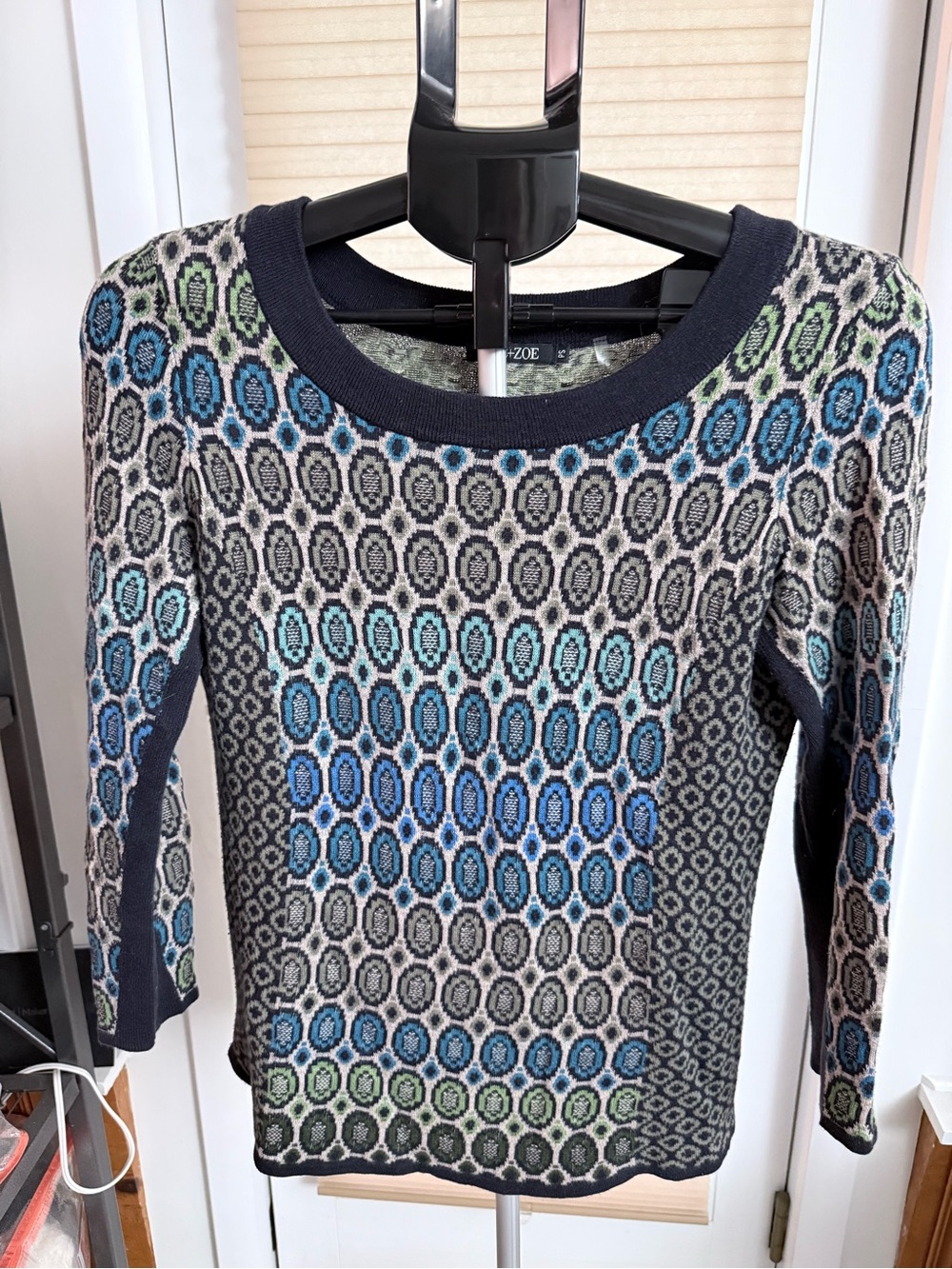 Retro-inspired geometric NIC+ZOE lightweight knit sweater 3/4 sleeves multicolor